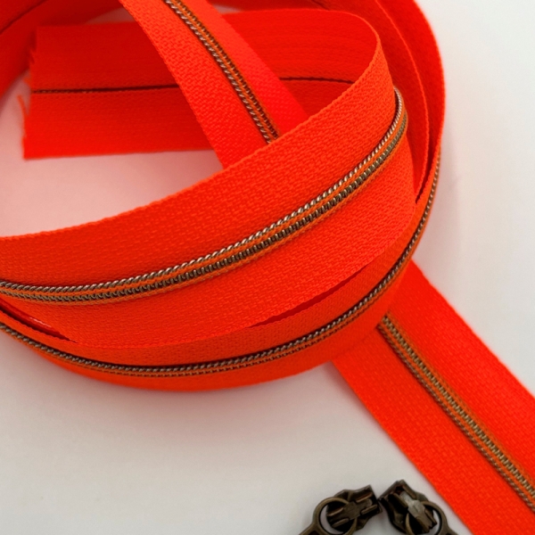 Feiner Reißverschluss Neonorange Antikmessing Neonorange